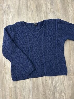 Paul James Made in England 100% Wool Blue Cable Knit V-Neck Sweater Size L